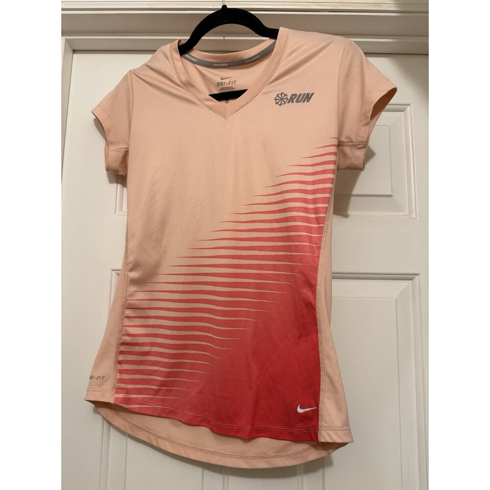 Nike Women’s Dri Fit Top Pink Print Run Logo Short Sleeves Size Medium Sporty